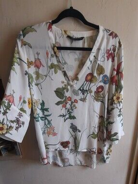 Zara Floral V-Neck Blouse - White with Multi-Color Floral Print